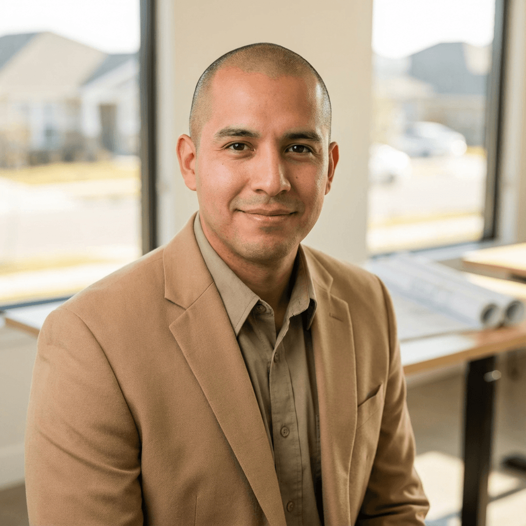 Professional real estate agent in his early 40s, white, smiling confidently
