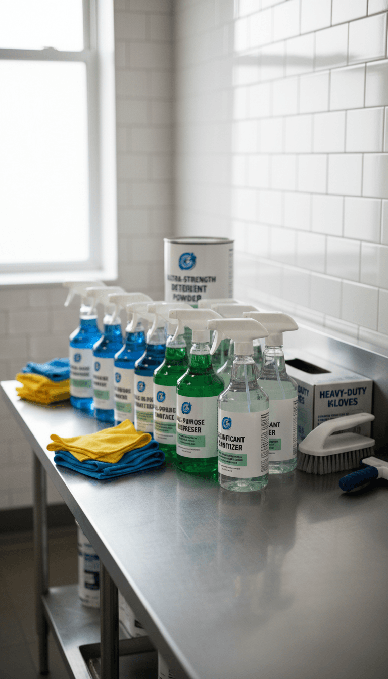 Cleaning supplies ready for a professional service