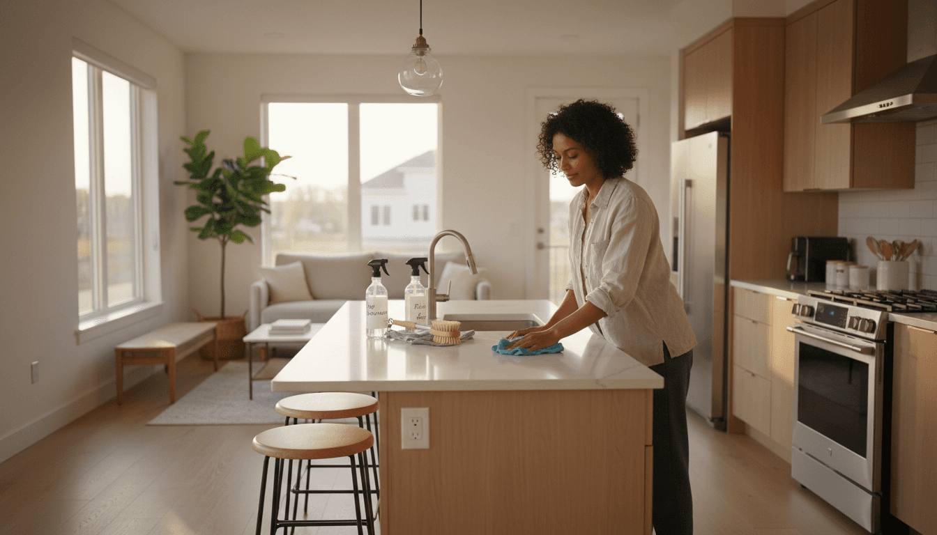 Professional cleaner wiping a counter in a bright modern kitchen