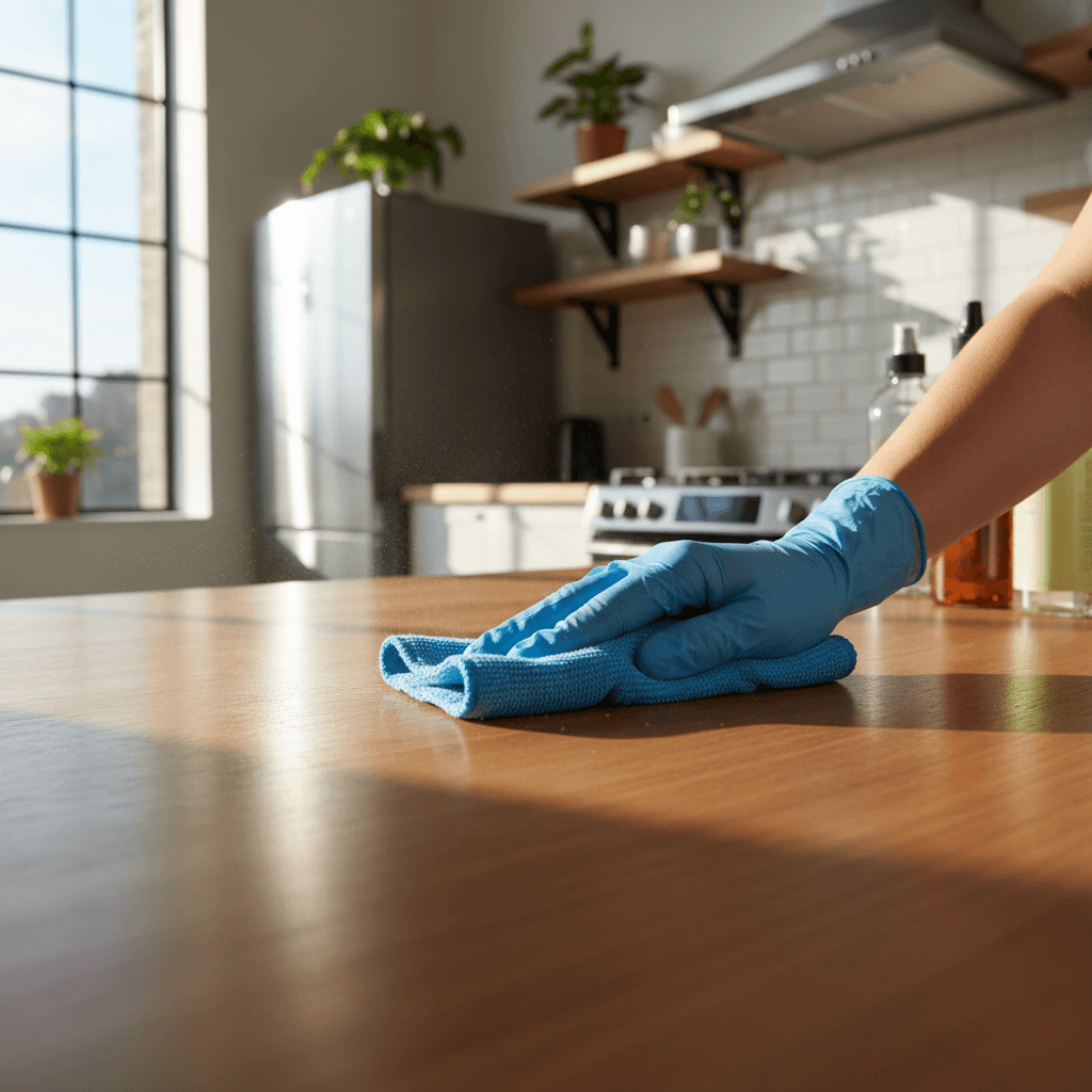 Professional cleaner wiping down a kitchen counter in a bright modern home